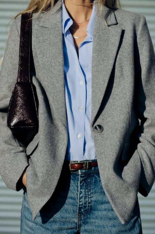 HERRINGBONE WOOL BLEND STRAIGHT BLAZER