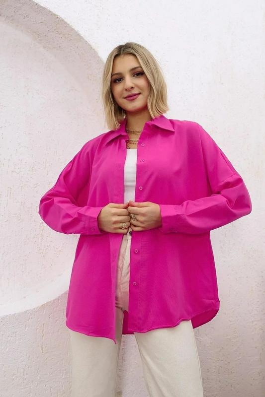 Ylz Oversize Kadın Fuşya Gömlek - Oversize Uzun Ba