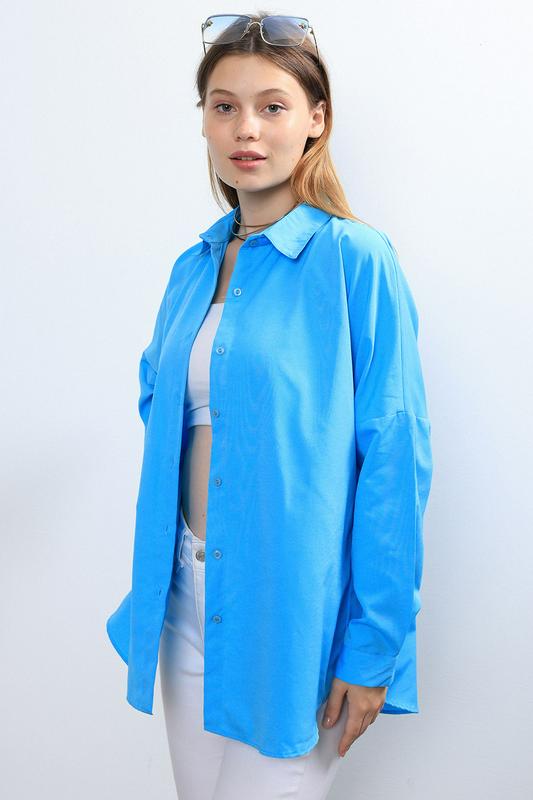 Ylz Oversize Kadın Turkuaz Gömlek - Oversize Uzun